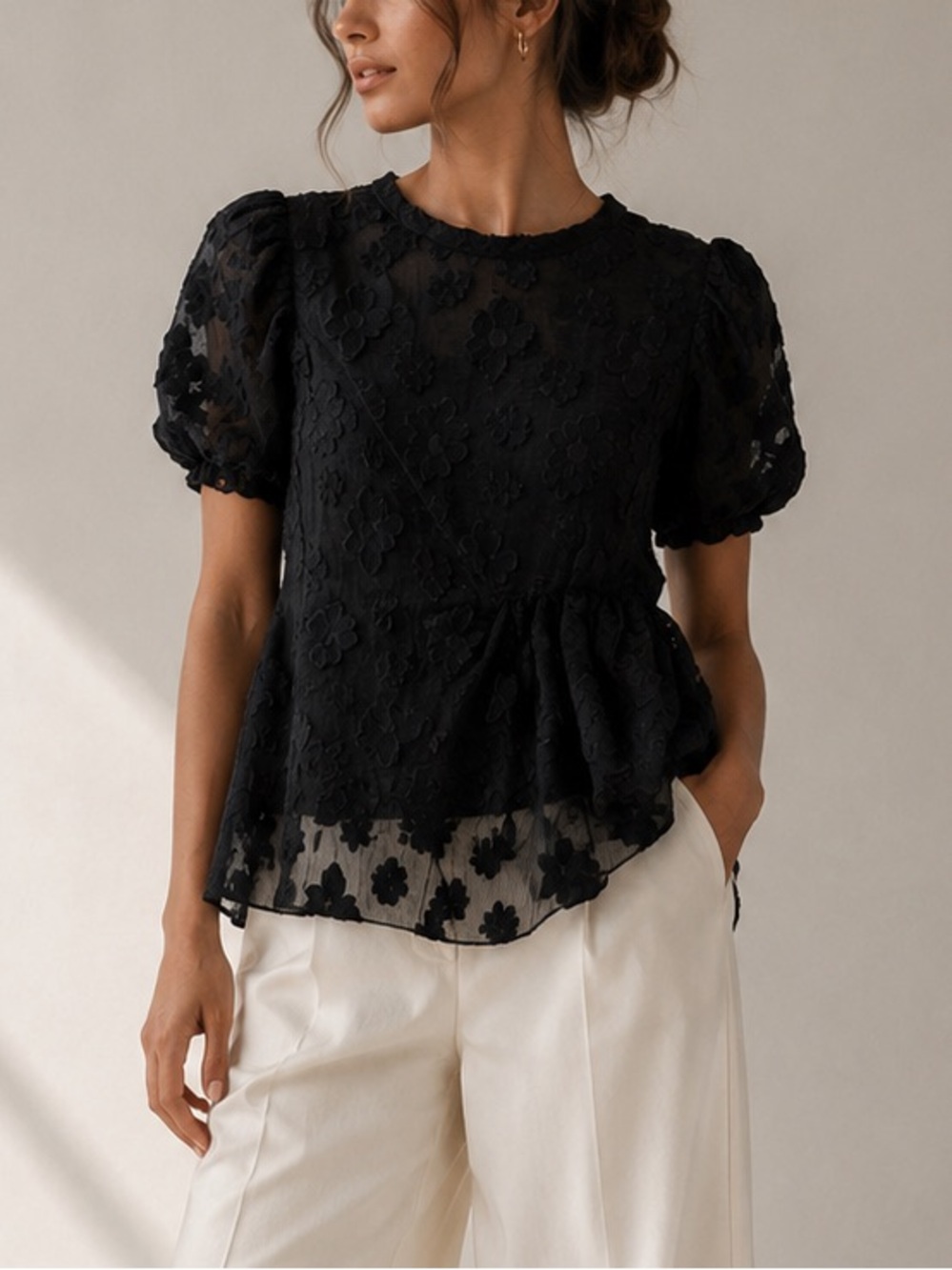 Zara sheer floral embroidered black blouse